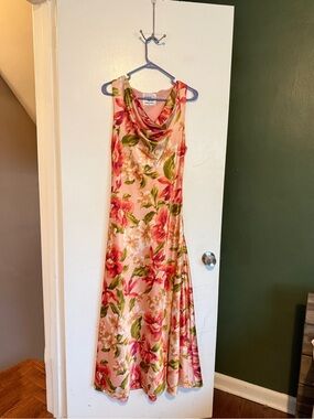 Paper Heart pink satin floral print cowl neck tank maxi dress size large